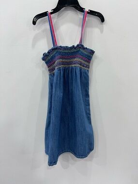 Vintage 725 Originals Girls Denim Dress 7/8 Rainbow Strap Smocked 100% Cotton